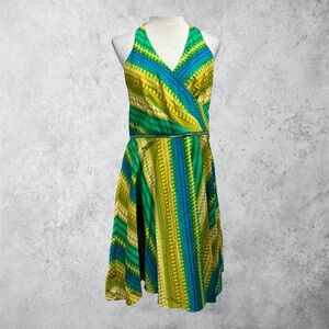 Calvin Klein Size 12 Retro Tropical Stripe Halter Dress Resort Vacation Sundress